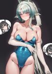  3girls absurdres alternate_costume animal_ears arcane_(arknights) arknights arknights:_endfield ass_visible_through_thighs bare_shoulders bird_ears black_background black_hair blue_eyes blue_leotard blush breasts brown_eyes chen_qianyu_(arknights) cleavage closed_mouth collarbone colored_tips commentary_request covered_navel cowboy_shot elbow_gloves endministrator_(arknights) facial_mark female_endministrator_(arknights) forehead_mark gloves highleg highleg_leotard highres horns korean_commentary large_breasts leotard long_hair molyb multicolored_hair multiple_girls parted_bangs ponytail simple_background smile solo_focus strapless strapless_leotard thumbs_up tongue tongue_out white_gloves 