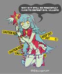  aqua_hair bow caution_tape crazy crazy_eyes crazy_smile english eyes full_body holding holding_staff keep_out kneeling ko-on_(ningen_zoo) lobotomy_corporation long_hair magical_girl queen_of_hatred signature solo speech_bubble staff very_long_hair white_legwear yellow_eyes 