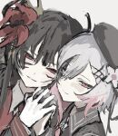 2girls beret black_choker black_coat black_hair black_hat black_shirt bruise bruise_on_face choker coat collared_coat collared_shirt colored_extremities crown extra_eyes flower gloves gradient_hair hair_flower hair_ornament hat hat_flower hat_ribbon highres holding_hands injury interlocked_fingers long_hair long_sleeves looking_at_viewer mahou_shoujo_no_majo_saiban mini_crown multicolored_hair multiple_girls neck_ribbon necktie nikaido_hiro pi1ne2 pink_eyes pink_hair red_eyes red_flower red_necktie ribbon sakuraba_ema shirt short_hair simple_background smile spoilers white_background white_flower white_gloves white_hair white_ribbon white_shirt witch_(manosaba) x_hair_ornament yuri 
