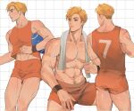  1boy abs absurdres ball blonde_hair brown_eyes degrees_of_lewdity dolninayt7r grid_background highres multiple_views muscular muscular_male navel orange_shirt orange_shorts rugby_ball rugby_uniform shirt short_hair shorts sleeveless sleeveless_shirt sportswear wren_(degrees_of_lewdity) wren_(male)_(degrees_of_lewdity) 