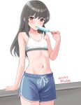  1girl alternate_costume ame-san blue_eyes blue_shorts breasts brown_hair commentary_request cowboy_shot dated dolphin_shorts food hair_ornament hairclip hayashio_(kancolle) highres kantai_collection long_hair midriff mole mole_under_eye navel no_shirt popsicle revision shorts simple_background small_breasts solo sports_bra stomach twitter_username white_background white_sports_bra 