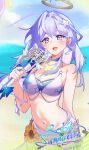  1girl absurdres beach bikini blue_hair blue_sky breasts character_name cleavage commentary green_eyes hair_ornament halo head_wings highres holding holding_microphone honkai:_star_rail honkai_(series) itsyowru jewelry large_breasts long_hair looking_at_viewer microphone navel necklace ocean official_alternate_costume open_mouth robin_(honkai:_star_rail) robin_(summeretto)_(honkai:_star_rail) sarong sky smile solo starfish_hair_ornament stomach swimsuit untranslatable_commentary very_long_hair white_bikini white_sarong wings 