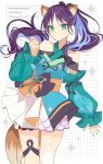  1girl absurdres animal_ears blue_hair cho_kaguya-hime! colored_inner_hair commentary detached_sleeves fox_ears fox_girl fox_tail green_eyes highres long_hair long_sleeves multicolored_hair parted_lips ponytail purple_hair sakayori_iroha sakayori_iroha_(fanatic_omatsuri_girl) sakayori_iroha_(tsukuyomi) skirt solo tail urtk07 white_skirt 