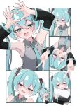  1girl aqua_eyes aqua_hair armpits blush commentary_request detached_sleeves double_v fang four-finger_heart_hands grey_shirt hatsune_miku heart heart_hands highres hugging_object kaeru_kobou looking_at_viewer multiple_views necktie pillow pillow_hug shirt simple_background skin_fang twintails upper_body v vocaloid white_background 