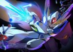  2boys android armor clenched_teeth commentary dark_background dynamic_pose energy_sword falcon_armor_x_(mega_man) forehead_jewel green_eyes helmet holding holding_sword holding_weapon mega_man_(series) mega_man_x6 mega_man_x_(series) multiple_boys nightmare_virus_(mega_man) solo_focus sword teeth to_i_to_io untranslatable_commentary weapon white_armor white_helmet x_(mega_man) z_saber zero_(mega_man) 