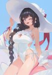  1girl absurdres arm_at_side black_hair blue_eyes blue_sky braid breasts cleavage commentary covered_navel cowboy_shot day dot_nose double-parted_bangs earrings english_commentary flower hair_ornament hair_over_shoulder hand_up hat hat_flower hat_ribbon heart heart_hair_ornament highres jewelry large_breasts long_hair looking_at_viewer meoreng_illust one-piece_swimsuit one_eye_closed open_mouth outdoors red_ribbon ribbon shawl shell shell_earrings shell_hair_ornament shirayuki_hina single_braid sitting sky smile solo starfish_hair_ornament stellive sun_hat swimsuit very_long_hair virtual_youtuber white_flower white_hat white_one-piece_swimsuit white_shawl wrist_ribbon 
