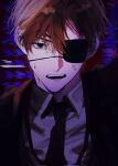  1boy anger_vein baek_saheon black_eyes black_necktie black_suit brown_hair collared_shirt commentary_request eyepatch gwechul highres jacket korean_commentary korean_text looking_at_viewer male_focus necktie on41035 one_eye_covered parted_bangs shirt short_hair solo suit suit_jacket sweatdrop tagme upper_body white_shirt wing_collar 