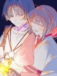  1boy 1girl black_background black_bow black_gloves blunt_bangs blunt_ends bow center-flap_bangs character_request closed_eyes closed_mouth couple eyelashes facing_another feathers fireworks genshin_impact gloves grey_eyes grey_hair hair_bow hands_up happy hetero highres holding holding_fireworks japanese_clothes kariginu kimono large_bow light_blush looking_at_object looking_down lower_teeth_only mole mole_under_mouth obi obiage oc_x_canon original pink_bow pink_rope pink_sash pink_sleeves pom_pom_(clothes) purple_kimono pyong_deog rope sash scaramouche_(genshin_impact) scaramouche_(kabukimono)_(genshin_impact) short_hair side-by-side sidelighting sleeves_past_fingers sleeves_past_wrists smile sparkler string tasuki teeth tsurime white_kimono white_sleeves wide_sleeves wispy_bangs yellow_feathers 