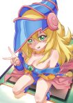  1girl absurdres bare_shoulders blonde_hair blue_boots blue_hat blush blush_stickers boots breasts card chinese_commentary cleavage commentary_request dark_magician_girl duel_monster green_eyes hat hexagram highres large_breasts long_hair looking_at_viewer phrygian_helmet pink_skirt showgirl_skirt sitting skirt smile thighs user_tjtd8743 v wizard_hat yu-gi-oh! 
