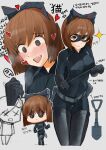  1girl @_@ absurdres bad_id bad_twitter_id belt black_bodysuit black_gloves blush bob_cut bodysuit brown_eyes brown_hair chibi closed_mouth cowboy_shot eye_mask futami_mami gloves goggles goggles_on_head hagiwara_yukiho heart highres holding idolmaster idolmaster_(classic) korean_text latex latex_bodysuit looking_at_viewer mask multiple_views open_mouth short_hair shovel simple_background skin_tight soayo standing star_(symbol) translation_request utility_belt white_background wire x_x 
