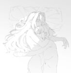  2girls breasts closed_eyes closed_mouth commentary completely_nude cuddling english_commentary greyscale hair_intakes hand_in_another's_hair hug kamiina_botan kamiina_botan_yoeru_sugata_wa_yuri_no_hana large_breasts long_hair marcer monochrome multiple_girls nude pillow short_hair sleeping smile tonami_ibuki yuri 