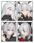  4girls alina_(arknights) animal_ears antlers arknights ascot averting_eyes bird_ears bird_girl black_ascot black_gloves black_streaks blue_eyes blush braid cheek_poking closed_eyes deer_antlers deer_ears deer_girl finger_cots fingerless_gloves frostnova_(arknights) gloves grey_eyes grey_hair hair_intakes hair_ornament hair_over_one_eye hairclip hands_on_another's_cheeks hands_on_another's_face highres holding_another's_wrist horns jewelry koshelna_(arknights) layered_sleeves long_hair long_sleeves multicolored_hair multiple_girls multiple_rings one_eye_covered poking quanx70909457 rabbit_ears rabbit_girl ring scar scar_on_face scar_on_nose short_hair simple_background smile streaked_hair talulah_(arknights) u_u white_hair yuri 