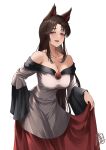  1girl absurdres animal_ears breasts brooch brown_hair cleavage collarbone commentary_request dress highres holding_own_dress imaizumi_kagerou jewelry large_breasts long_hair long_sleeves looking_at_viewer off-shoulder_dress off_shoulder open_mouth red_dress red_eyes simple_background smile solo touhou very_long_hair white_background white_dress wide_sleeves wolf_ears wolf_girl yagoro_kusuriya 