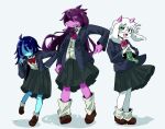  1boy 1girl 1other animal_ears aqua_skin black_jacket black_skirt blue_hair bow bowtie brown_shoes c_nomono collared_shirt colored_skin commentary crossdressing crossdressing_(mtf) deltarune glasses goat_boy goat_ears goat_horns green_eyes highres horns jacket kris_(dark_world)_(deltarune) kris_(deltarune) kris_(school_uniform)_(deltarune) leg_warmers long_hair long_sleeves pink_bow pink_bowtie pink_horns purple_bow purple_bowtie purple_hair ralsei ralsei_(school_uniform) red_bow red_bowtie shirt shoes short_hair skirt suit_jacket susie_(dark_world)_(deltarune) susie_(deltarune) susie_(school_uniform)_(deltarune) utdr_(toby_fox) white_leg_warmers white_shirt 
