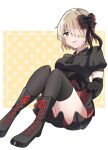  1girl :p black_boots black_bow black_gloves black_shirt black_skirt black_thighhighs boots bow breasts brown_hair closed_mouth clothes_lift elbow_gloves full_body gloves hair_bow hair_over_one_eye heaven_burns_red highres kayamori_ruka kayamori_ruka_(cardinal_reverberations) knees_up lace-up_boots large_breasts looking_at_viewer naughty_face one_eye_covered open_mouth pleated_skirt polka_dot polka_dot_background puyopiku red_bow red_eyes shirt short_hair simple_background sitting skirt skirt_lift smile thighhighs tongue tongue_out two-tone_background upskirt white_background yellow_background 