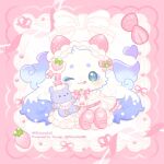 1other :3 :q ;3 ;q artist_name beads blush border bow bowtie brooch chibikemo closed_mouth commentary_request dress english_commentary english_text food food-themed_hair_ornament frilled_dress frilled_sleeves frills fruit furry green_bow green_eyes hair_bow hair_ornament hashtag heart highres icing jewelry licking_lips long_sleeves looking_at_viewer lunlun_(nijisanji) mixed-language_commentary nijisanji one_eye_closed pink_border pink_bow pink_bowtie pink_ribbon pink_shoes pretzel pretzel_(lunlun) puffy_long_sleeves puffy_sleeves ribbon shoes sitting smile solo strawberry strawberry_brooch strawberry_hair_ornament stuffed_animal stuffed_toy teddy_bear tongue tongue_out twitter_username virtual_youtuber white_background white_dress white_fur yanagi_(sham0o081) 