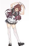  1girl :d absurdres ahoge alternate_costume apron black_dress black_shoes blush breasts brown_eyes brown_hair commentary_request contrast_collar dress enmaided fang frilled_apron frilled_dress frills full_body hair_intakes heart heart_arms high_heels highres huge_ahoge kantai_collection kuma_(kancolle) leaning_to_the_side long_hair looking_at_viewer maid maid_apron maid_headdress medium_breasts motizou open_mouth shoes short_dress short_sleeves sidelocks simple_background smile solo thighhighs twitter_username white_apron white_background white_thighhighs 