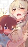  2girls @_@ ayataka_syumimi between_breasts blue_eyes blue_shirt blush breasts brown_hair commentary_request dripping dripping_sweat girls_band_cry grey_eyes grey_hair head_between_breasts highres iseri_nina kawaragi_momoka long_hair low_twintails medium_breasts multicolored_hair multiple_girls open_mouth revision roots_(hair) shirt short_hair short_twintails sweat sweaty_clothes twintails white_shirt yuri 
