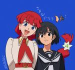  2girls :d black_eyes black_hair blue_background blue_eyes blue_serafuku braid collared_dress commentary_request copyright_name dress fish frown grace_(sayonara_lara) hair_ornament highres lara_(sayonara_lara) long_hair multiple_girls neckerchief ootsu_mari open_mouth red_hair sayonara_lara school_uniform serafuku short_hair side-by-side signature simple_background single_braid smile stitched_tongue upper_body very_long_braid very_long_hair white_dress white_neckerchief yatabe_touko 