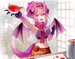  1girl :d armpits black_gloves breasts brown_shorts cleavage_cutout clothing_cutout colored_tongue cooking cooking_pot crop_top dragon_girl dragon_horns dragon_tail dragon_wings food food-themed_hair_ornament gloves grape_(vtuber) grape_hair_ornament hair_ornament highres horns ich. indie_virtual_youtuber midriff navel open_mouth pink_eyes pink_hair pointy_ears ponytail purple_horns purple_scales purple_shirt scarf shirt shorts sleeveless sleeveless_shirt smile solo soup tail tomato virtual_youtuber wings 