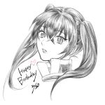  1girl collar d.gray-man english_text greyscale hair_between_eyes happy_birthday heart high_collar highres lenalee_lee lipgloss lips long_hair looking_at_viewer monochrome parted_bangs parted_lips portrait shiduki_(kaito) sidelocks simple_background solo striped_collar twintails white_background 
