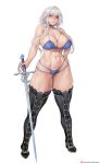  1girl absurdres blue_bra blue_panties boots bra breasts butterfly_hair_ornament cleavage commentary english_commentary full_body grey_hair hair_ornament highres huge_breasts long_sidelocks mole mole_on_breast muscular muscular_female navel panties phase_connect short_hair sidelocks solo standing sword tezy8art thick_thighs thigh_boots thighs underwear virtual_youtuber weapon white_background wide_hips wilhelmina_frost 