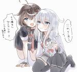 2girls ahoge all_fours black_gloves black_hair black_serafuku black_skirt black_thighhighs blue_eyes braid commentary_request fingerless_gloves gloves grey_hair hair_flaps hair_over_shoulder hibiki_(kancolle) kantai_collection matching_hairstyles mia_umauma multiple_girls neckerchief pleated_skirt red_neckerchief sailor_collar school_uniform serafuku shigure_(kancolle) shigure_kai_ni_(kancolle) shirt simple_background single_braid skirt thighhighs translation_request white_background white_shirt 