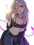  1girl ayataka_syumimi belt black_belt black_coat black_pants black_sports_bra breasts cleavage coat commentary ear_piercing fang girls_band_cry highres jewelry large_breasts mole mole_under_eye nail_polish navel open_mouth pants piercing pink_nails ring rupa_(girls_band_cry) simple_background solo spiked_necklace sports_bra stomach teeth untranslatable_commentary upper_teeth_only v v_over_eye white_background 