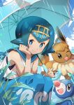  1girl blue_eyes blue_hair blush bright_pupils closed_mouth commentary_request eevee hairband highres holding holding_umbrella lana_(pokemon) looking_at_viewer one-piece_swimsuit one_eye_closed open_mouth outdoors pants pokemon pokemon_(anime) pokemon_(creature) pokemon_the_series:_sun_&amp;_moon popplio rain sailor_collar sandy_(eevee)_(pokemon) shirt short_hair sleeveless smile starter_pokemon_trio swimsuit swimsuit_under_clothes tail taisa_(lovemokunae) umbrella yellow_hairband 