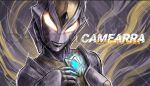  1girl alien armor artist_name breasts camearra castlings character_name color_timer colored_skin commentary crystal english_text facial_mark forehead_jewel giant giantess glowing glowing_eyes gold_skin grey_background grey_theme hand_on_own_chest head_tilt looking_at_viewer medium_breasts multicolored_skin no_pupils shoulder_armor silver_skin solo tokusatsu tsurime two-tone_skin ultra_series ultraman_tiga:_the_final_odyssey ultraman_tiga_(series) untranslatable_commentary upper_body watermark yellow_eyes 