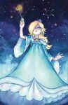  1girl artist_name bare_shoulders blonde_hair blue_dress blue_eyes brooch closed_mouth commentary constellation crown dress earrings elliskelly english_commentary full_body hair_over_one_eye highres holding holding_wand jewelry long_hair long_sleeves looking_up mario_(series) off-shoulder_dress off_shoulder rosalina solo star-shaped_pupils star_(sky) star_(symbol) star_bit star_brooch star_earrings super_mario_galaxy symbol-shaped_pupils twitter_username wand wide_sleeves 