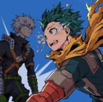  2boys aqua_eyes aqua_hair bakugou_katsuki bandaged_arm bandages belt belt_buckle black_pants blonde_hair blue_background blue_bodysuit bodysuit boku_no_hero_academia buckle cape chiyaya crying explosive film_grain floating_cape floating_hair flying_teardrops freckles from_side gloves green_gloves grenade grey_background high_collar highres looking_ahead male_focus midoriya_izuku multiple_boys open_mouth orange_eyes pants parted_lips profile projected_inset scene_reference short_hair sideways_mouth single_horizontal_stripe single_wrist_guard snap-fit_buckle spiked_hair spoilers stitched_chest stitched_torso stitches sweat tears torn_cape torn_clothes two-tone_background x_(symbol) 