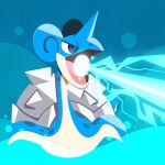  blue_background blue_eyes blue_theme breath_weapon breathing_ice commentary commission english_commentary highres horns ice_beam_(pokemon) julesdrawz lapras no_humans open_mouth pokemon pokemon_(creature) pokemon_focus pokemon_move single_horn solo 