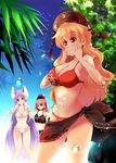  animal_ears bare_legs bikini black_bikini blonde_hair blue_sky breasts bubble bunny_ears choker cleavage clothes_writing commentary_request crescent day fengguan front-tie_top hands_on_own_cheeks hands_on_own_face hat heart hecatia_lapislazuli highres junko_(touhou) large_breasts long_hair looking_at_another medium_hair multiple_girls navel open_mouth orange_eyes outdoors parted_lips plant polos_crown purple_hair red_bikini red_eyes red_hair reisen_udongein_inaba sarong sky standing sunlight swimsuit tassel touhou usuusu very_long_hair wavy_hair white_bikini wrist_cuffs 
