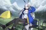  1girl absurdres animal_ears arknights black_collar black_pants black_shoes blue_jacket blue_sky breasts camping camping_chair chair cleavage cloud cloudy_sky collar commentary cup day folding_chair full_body grey_hair highres holding holding_cup infection_monitor_(arknights) jacket lantern large_breasts long_hair long_sleeves looking_at_viewer mountain nanami_alice open_clothes open_jacket outdoors pants purple_eyes scenery shading_eyes shoes sitting sky smile solo squirrel_ears squirrel_girl squirrel_tail surfer_(arknights) table tail tent thermos tree very_long_hair 