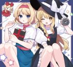  2girls :d ;d alice_margatroid apron black_hat black_skirt black_vest blonde_hair blue_border blue_dress blue_eyes blush book border bow braid capelet commentary_request dress frilled_hairband frilled_skirt frills grimoire grimoire_of_alice hair_bow hairband hat hat_bow highres holding holding_book kirisame_marisa long_hair looking_at_viewer mini-hakkero multiple_girls one_eye_closed open_mouth outside_border red_bow red_hairband red_sash sash shanghai_doll shi_nou side_braid single_braid sitting skirt smile star_(symbol) touhou vest waist_apron waist_sash white_apron white_bow white_capelet witch_hat yellow_eyes 