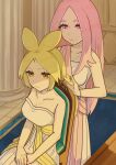  2girls absurdres anthea_(pokemon) bare_shoulders blonde_hair blue_carpet braiding_another's_hair braiding_hair breasts collarbone commentary_request concordia_(pokemon) dress hairdressing highres indoors inuka_48 multiple_girls own_hands_together pillar pink_eyes pink_hair pokemon pokemon_black_and_white sitting white_dress yellow_eyes 