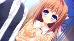  1boy 1girl black_vest blue_eyes bow braid brown_hair cardigan closed_mouth collarbone dutch_angle game_asset hair_bow hair_intakes half_up_braid hand_on_own_chest hand_on_own_wrist hinata_nao hoshimi_yuki jewelry light_smile long_hair long_sleeves looking_at_another neck_ribbon necklace non-web_source official_art open_collar outdoors red_ribbon ribbon sailor_collar shirt side-by-side standing vest white_bow white_sailor_collar white_shirt yellow_cardigan yuuwaku_scramble 