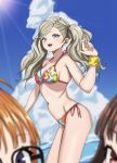  3girls bare_shoulders beach bikini blonde_hair blue_eyes blue_sky blush breasts brown_hair cloud commentary day floral_print floral_print_bikini glasses hair_ornament hairclip halterneck highres long_hair medium_breasts multiple_girls navel niijima_makoto ocean open_mouth orange_hair outdoors persona persona_5 print_bikini red_eyes revision s-m-53413 sakura_futaba side-tie_bikini_bottom sky smile solo_focus stomach string_bikini swimsuit takamaki_ann teeth triangle_bikini_top twintails 