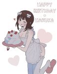  1girl 8_8ghost :q ;) amami_haruka apron blush bow breasts brown_hair cake character_name cleavage food green_eyes hair_bow happy_birthday heart highres holding holding_cake holding_food idolmaster idolmaster_(classic) leg_up looking_at_viewer multiple_hair_bows naked_apron one_eye_closed pink_slippers short_hair simple_background slippers smile solo standing standing_on_one_leg thighhighs tongue tongue_out white_apron white_background white_bow white_thighhighs 
