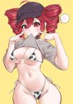  1girl ahoge animal_print ass_visible_through_thighs baseball_cap bikini black_collar breasts bunsekey clothes_in_mouth clothes_lift collar commentary_request cow_print cow_print_bikini double-parted_bangs drill_hair grey_shirt groin hair_between_eyes hat highres index_fingers_raised kasane_teto lifting_own_clothes light_blush micro_bikini mouth_hold navel override_(synthesizer_v) pointing pointing_at_self print_bikini red_eyes red_hair shirt shirt_in_mouth shirt_lift side-tie_bikini_bottom simple_background solo speech_bubble spoken_blush swimsuit synthesizer_v twin_drills utau yellow_background 