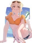  1girl bikini blonde_hair blue_sky breasts cloud day eyewear_on_head grin hair_bun heart heart_o-ring highres love_live! love_live!_nijigasaki_high_school_idol_club miyashita_ai mochi_(znkn4524) o-ring orange_bikini orange_eyes outdoors palm_tree sky smile solo sunglasses swimsuit tree 