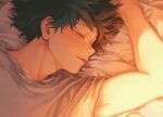  1boy boku_no_hero_academia closed_eyes closed_mouth commentary english_commentary freckles green_hair grey_shirt highres iamsizzlebutt male_focus midoriya_izuku on_bed shirt short_hair sleeping solo sunlight t-shirt twitter_username 