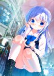  1girl :o black_boots black_skirt blue_bow blue_eyes blue_hair blue_vest blush boots bow building chinomaron collared_shirt commentary_request day dress_shirt employee_uniform feet_out_of_frame gochuumon_wa_usagi_desu_ka? hair_between_eyes hair_ornament highres holding holding_umbrella kafuu_chino kneehighs lace-up_boots long_hair long_sleeves looking_at_viewer outdoors panties parted_lips pink_umbrella pleated_skirt puffy_long_sleeves puffy_sleeves rabbit_house_uniform rain shirt signature skirt sleeves_past_wrists socks solo squatting umbrella underwear very_long_hair vest waitress water_drop white_panties white_shirt white_socks window x_hair_ornament 