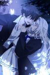  1boy 1girl absurdres artist_request black_coat black_hair black_suit blue_necktie bug butterfly call_of_cthulhu closed_eyes clothes_grab coat commentary couple cowboy_shot crying dress_shirt grabbing_another's_shirt hair_intakes hetero highres jacket kindaichi_yusei light_blush looking_at_another necktie night one_eye_closed open_clothes open_jacket open_mouth original parted_lips pleated_skirt school_uniform septem_peccata serafuku shirayuri_izumo shirt short_hair skirt smile spiked_hair suit tears white_hair white_serafuku white_shirt white_skirt 