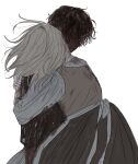  1boy 1girl apron black_eyes black_hair blonde_hair blood blood_in_hair blood_on_arm blood_on_clothes blood_on_face brown_skirt brown_vest closed_mouth colored_sclera floating_hair grey_sclera highres hug looking_ahead mabelmine medium_hair messy_hair original serious shirt simple_background sketch skirt three-quarter_sleeves vest white_apron white_background white_shirt 