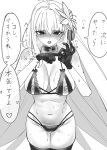  1girl absurdres archetype_earth archetype_earth_(third_ascension) arcueid_brunestud bare_shoulders blue_notuki blush bra breasts choker commentary_request cupless_bra fate/grand_order fate_(series) flower gloves greyscale hair_flower hair_ornament highres large_breasts long_hair looking_at_viewer monochrome navel nipples open_mouth panties penetration_gesture solo speech_bubble sweat thighhighs thighs translation_request underwear very_long_hair 