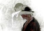  1boy 1girl bandana black_bandana black_kimono bleeding blood blood_on_chest blood_on_clothes blood_on_face blood_on_neck brown_eyes brown_hair closed_mouth commentary covered_eyes covering_another's_eyes earrings grey_background hakatamachine hand_on_another's_head head_hug head_tilt hug japanese_clothes jewelry kimono looking_at_another multiple_earrings no_mouth one_piece open_clothes open_kimono pixie_cut portrait roronoa_zoro serious shimotsuki_kuina shirt short_sleeves simple_background t-shirt two-tone_background white_background white_shirt 