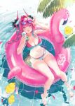 1girl alternate_costume arknights arknights:_endfield bikini black_horns blue_eyes braid breasts can cleavage dragon_girl dragon_horns dragon_tail drink drink_can eyewear_on_head flamingo_innertube hair_intakes halterneck highres holding holding_can holding_drink horns innertube large_breasts long_hair matsuoka_(mtok_0) multicolored_hair multicolored_horns nail_polish navel on_innertube open_mouth outdoors pink-tinted_eyewear pink_bikini pink_hair pink_horns pink_nails pointy_ears pool round_eyewear rubber_duck side-tie_bikini_bottom solo streaked_hair string_bikini sunglasses swim_ring swimsuit tail tinted_eyewear twin_braids two-tone_hair two-tone_horns water yvonne_(arknights) 