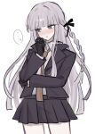  ... 1girl :o absurdres black_gloves black_jacket black_ribbon black_skirt blunt_bangs blush braid collared_shirt cowboy_shot danganronpa:_trigger_happy_havoc danganronpa_(series) facing_viewer gloves hair_ribbon haruo_(haruooimo) highres jacket kirigiri_kyoko long_hair looking_to_the_side necktie open_mouth pleated_skirt purple_eyes purple_hair red_necktie ribbon shirt skirt solo spoken_ellipsis twitter_username white_background white_shirt 